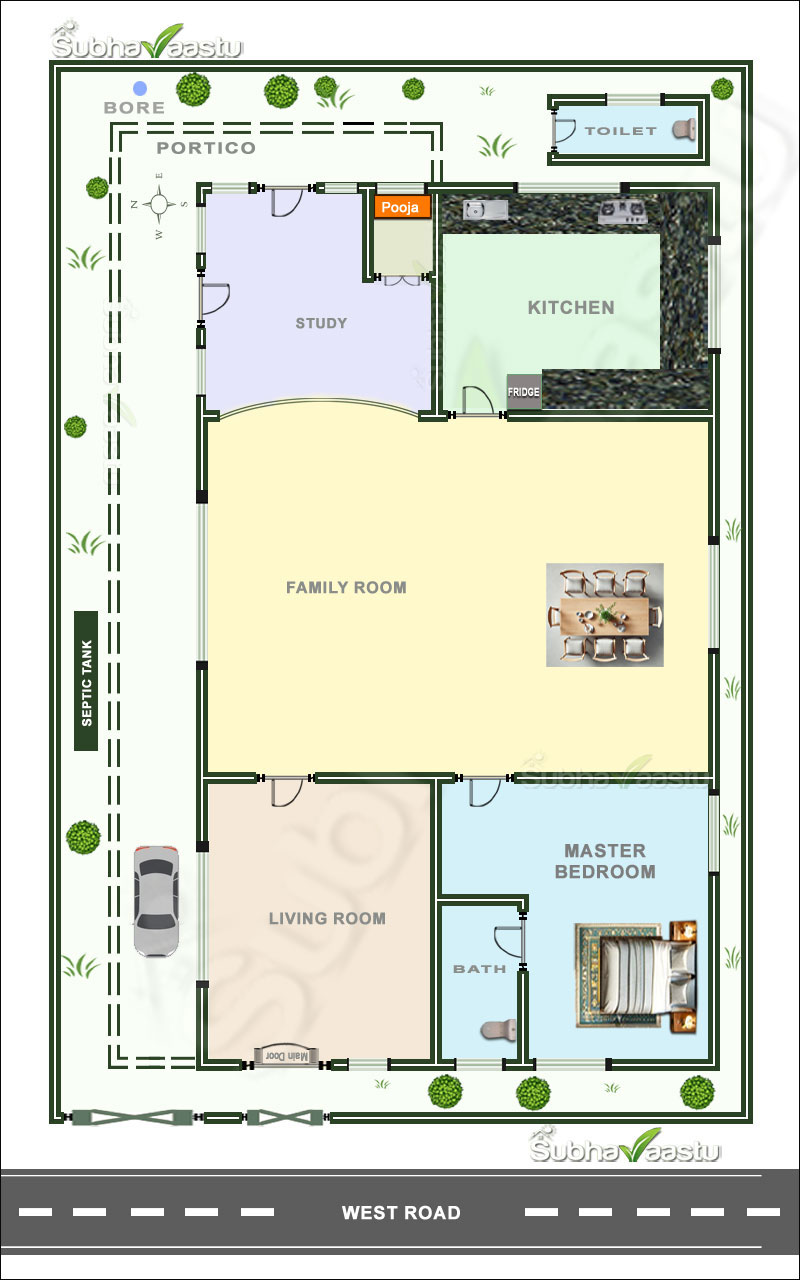 Download free 1 BHK bedroom west direction house plan