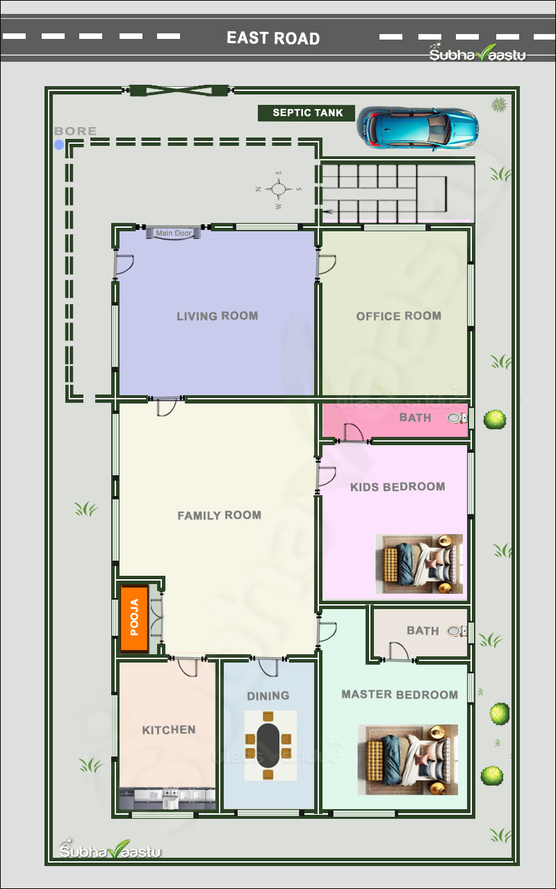 East-facing 2BHK house plan with Vastu compliance, dedicated office room, spacious family area, and functional layout