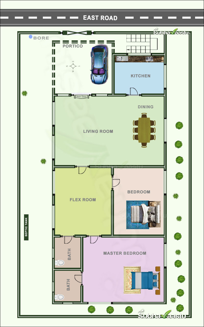 East-facing 2BHK house plan with Vastu-compliant design, versatile flex room, spacious living and dining areas