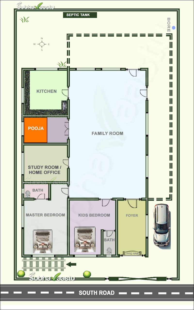 South Direction house two bedrooms house floor plan as per Vastu