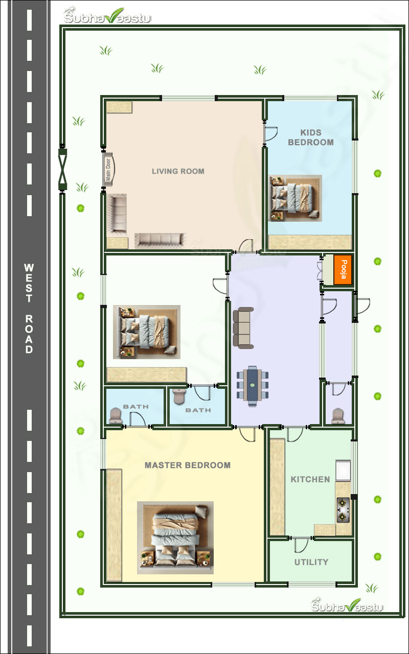 2 BHK West direction house floor plan