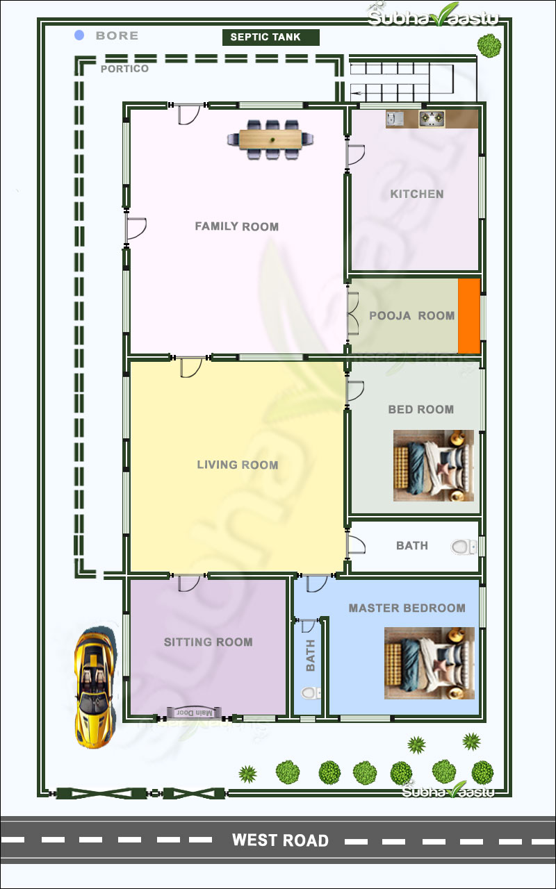 West-facing 2BHK house plan with Vastu compliance, spacious family room, sitting room, and thoughtfully placed Pooja room