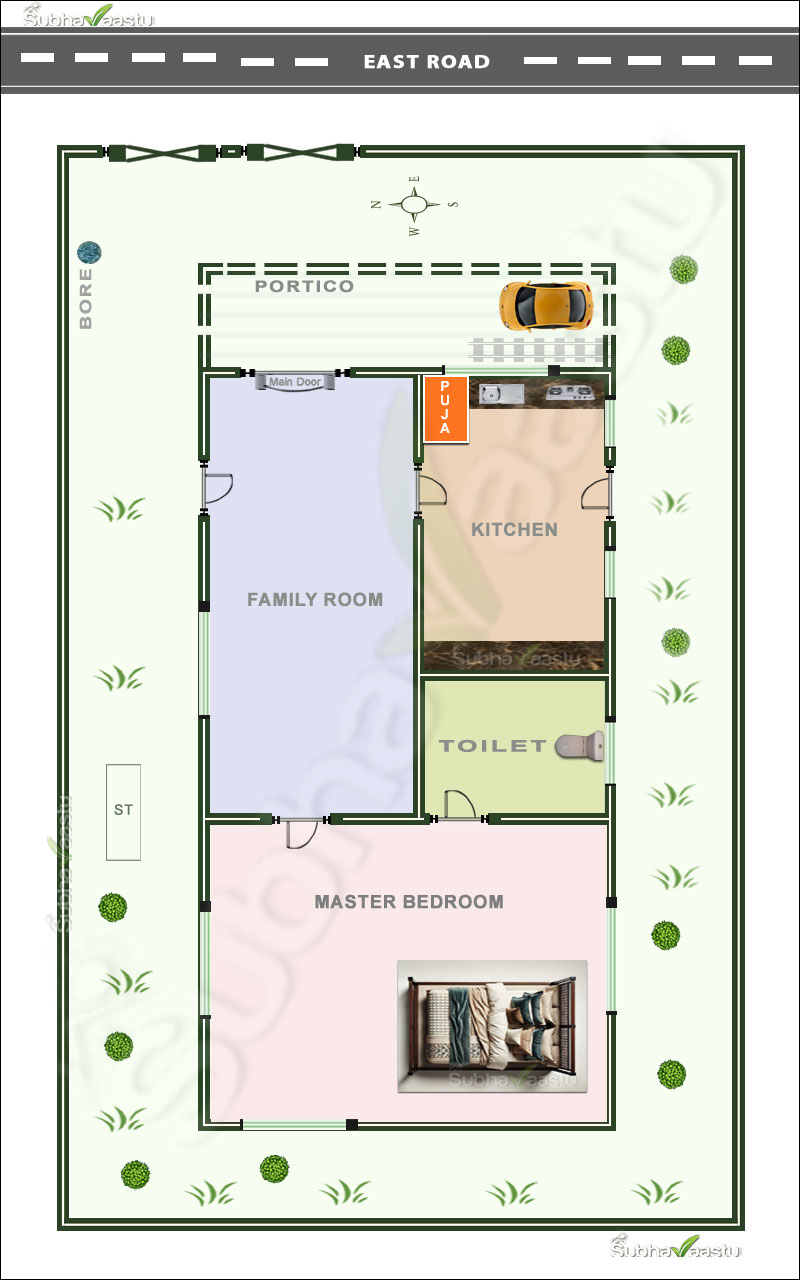 30X40 East facing single bedroom House floor plan