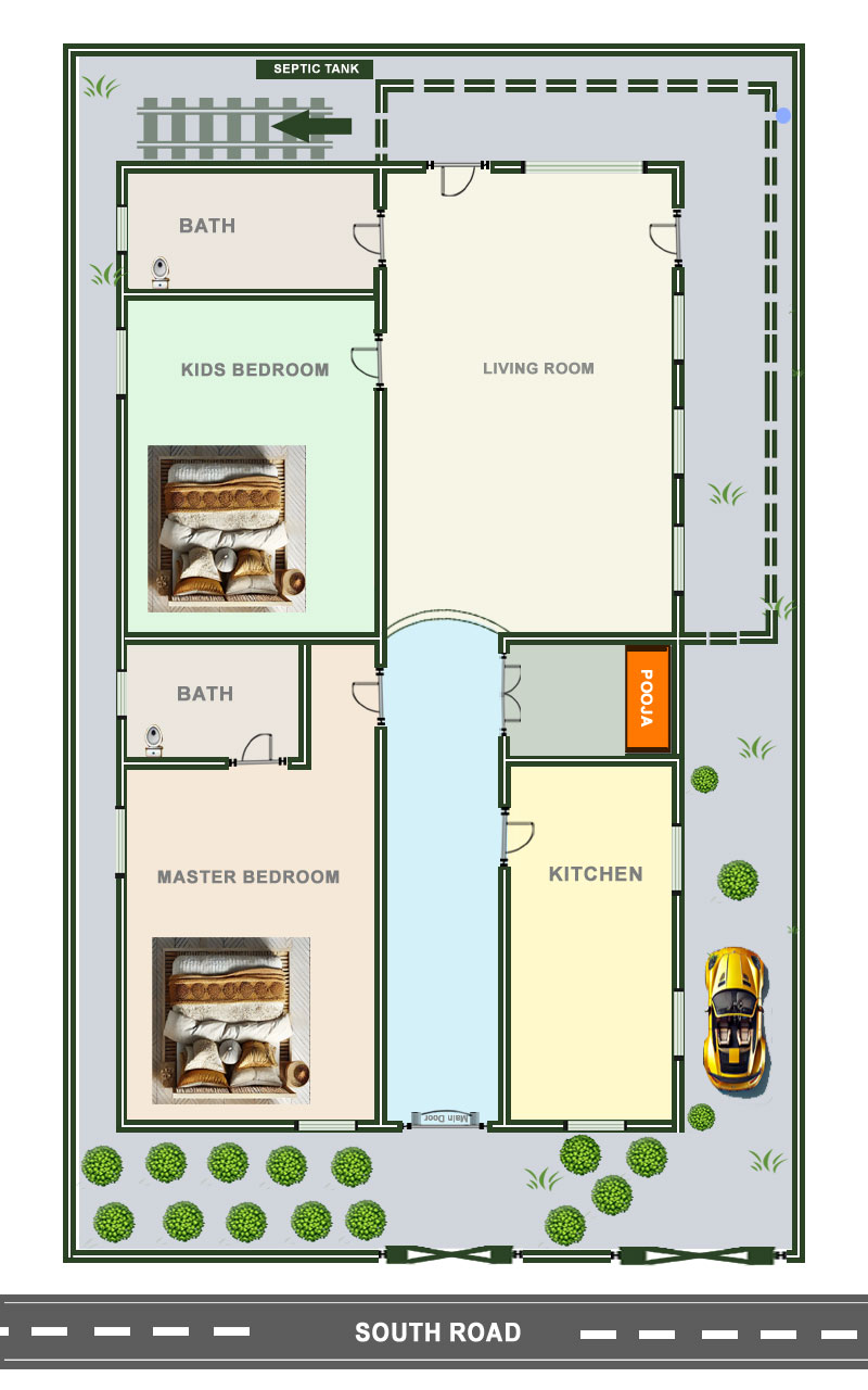 two BHK vastu home plan for south face plot for 30 by 40 feet