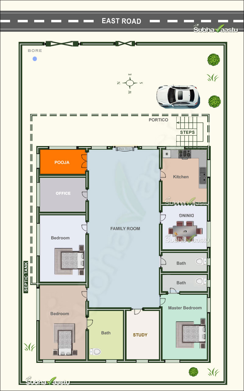 East-facing 3-bedroom Vastu house plan with a spacious central family room, Pooja room, study, and functional layout