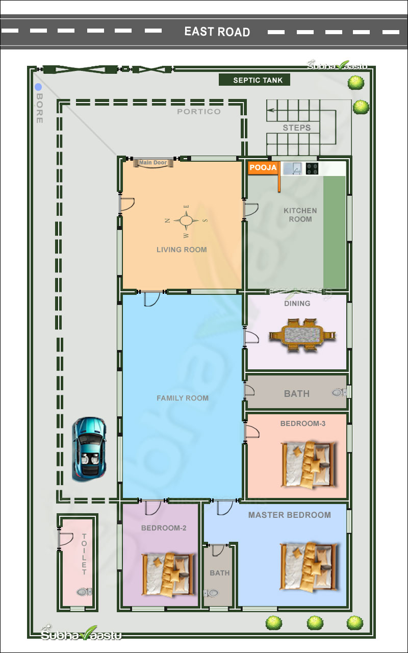 3BHK East-facing house plan with kitchen-integrated Pooja room, spacious family room, and Vastu-compliant design