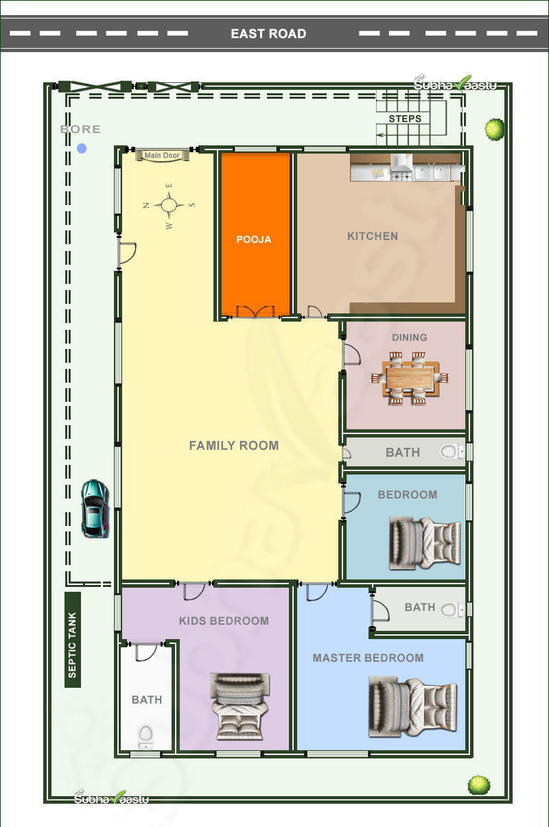 East-facing 3BHK home design Plan with Vastu alignment, spacious family room, modern kitchen, and serene Pooja room