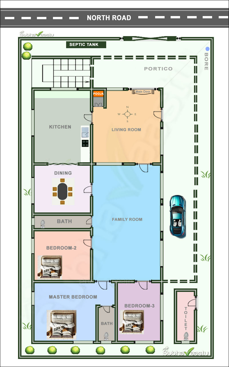 North-facing 3BHK Vastu house plan with a spacious family room, master bedroom, Pooja room, and separate external toilet