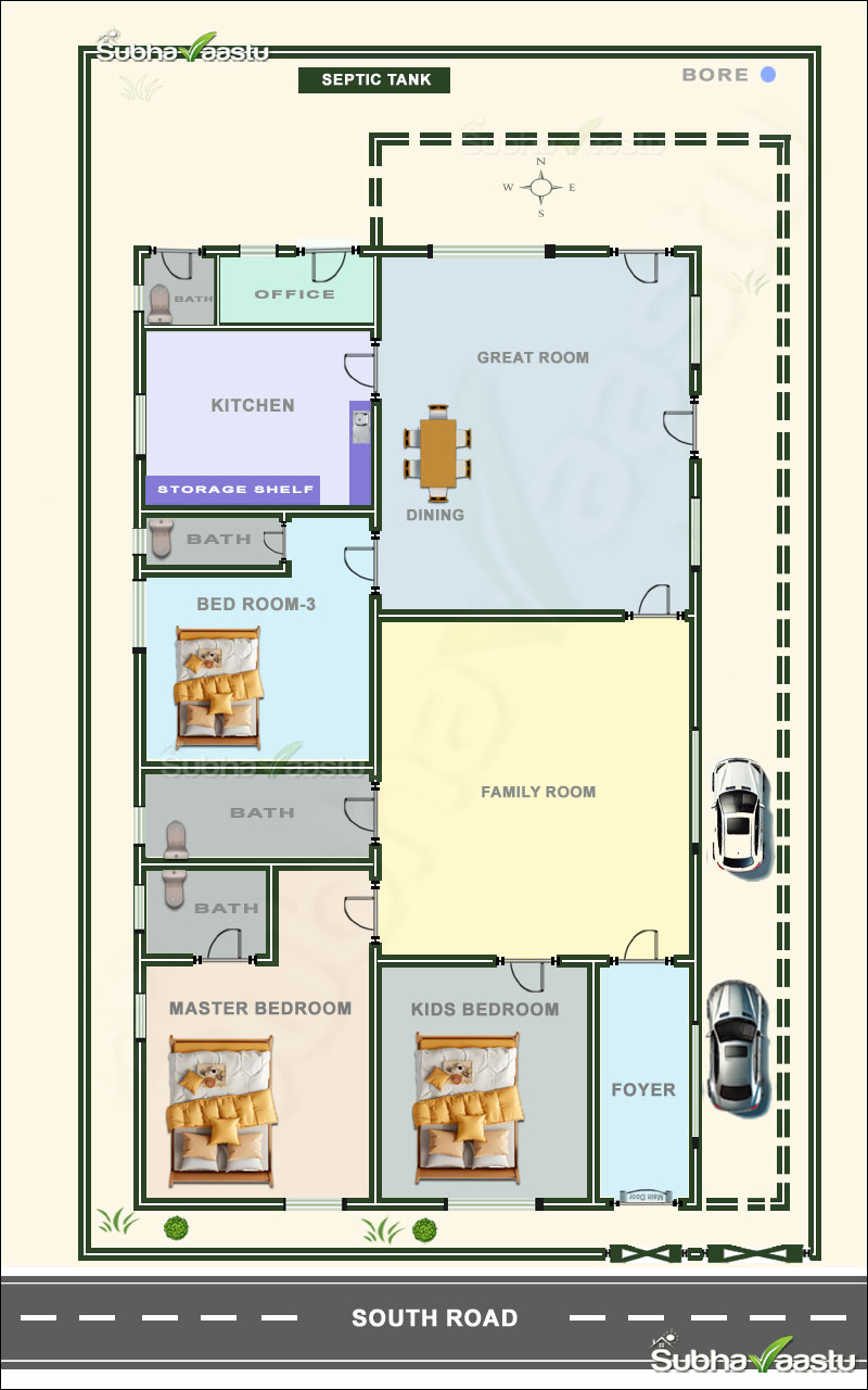 South-facing 3BHK Vastu-compliant house plan with spacious rooms, kitchen, dining area, and ample parking