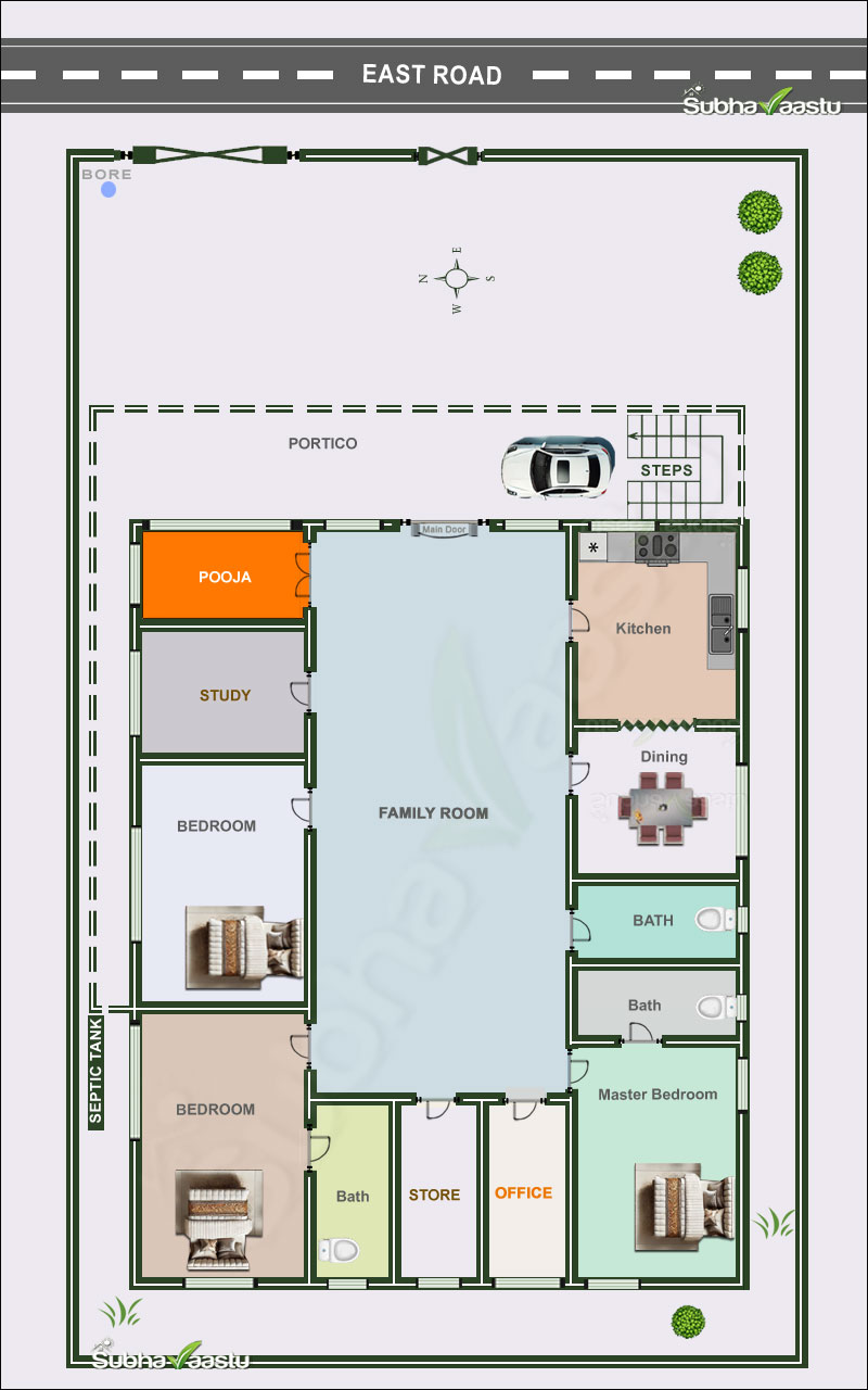 East-facing 3-bedroom Vastu home design with strategically placed living areas, kitchen, Pooja room, and lush greenery for a harmonious, prosperous living environment