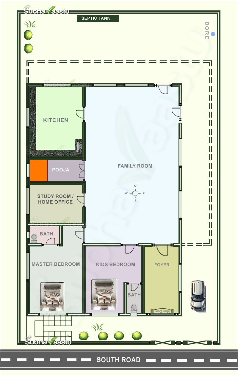 South-facing 2BHK house plan with family room, kitchen, Pooja room, study, and functional layout