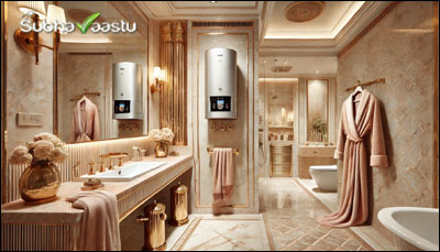 Luxurious Indian bathroom with a light rose theme and modern wall-mounted geyser