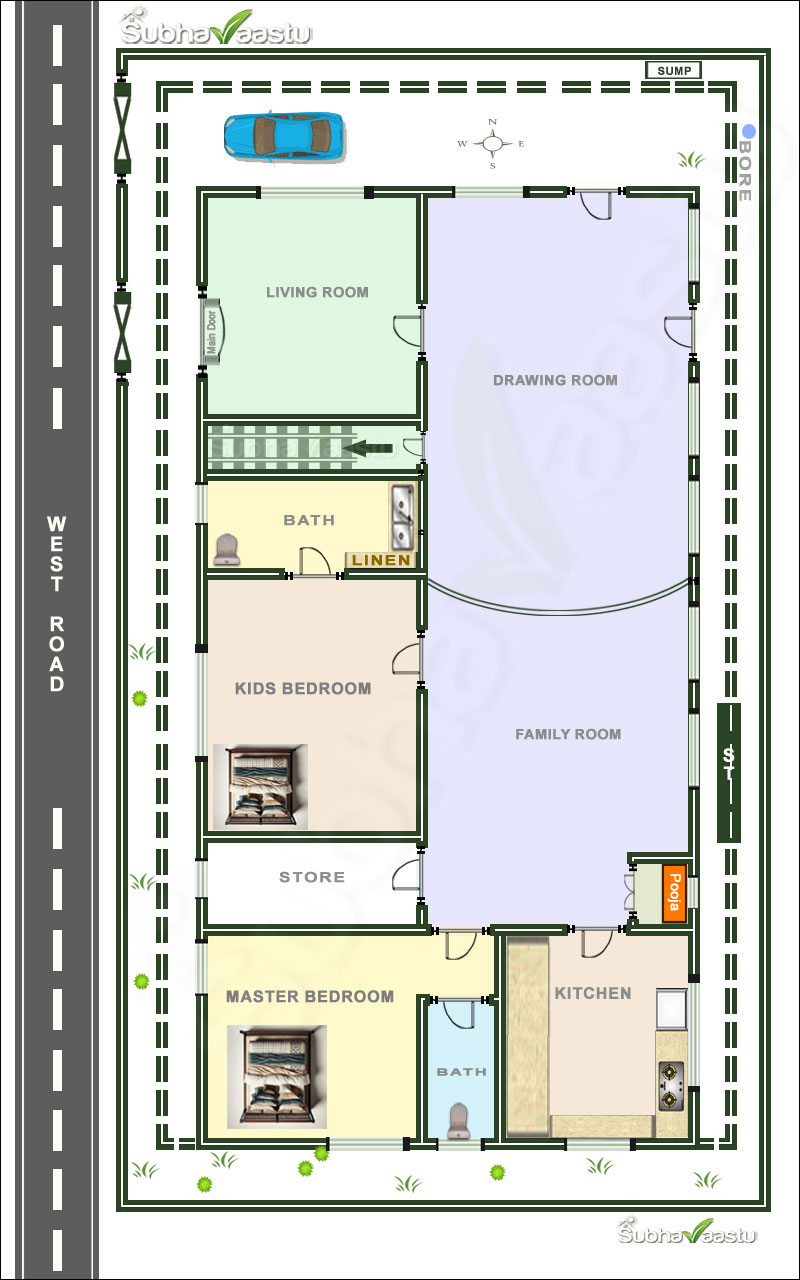 Spacious 60x40 feet 2 BHK luxury west-facing house floor plan illustration 