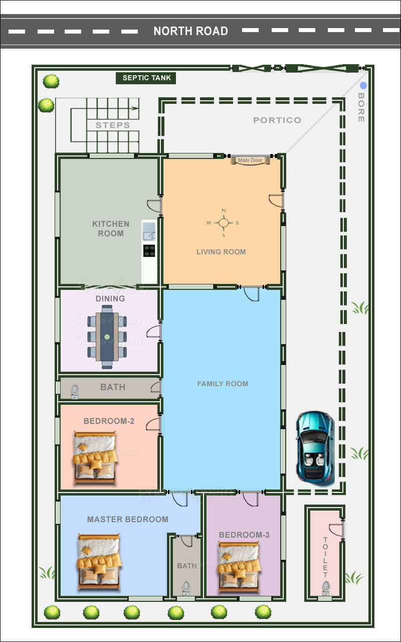 North-facing 3BHK house plan with Vastu-compliant design, spacious living areas, and a separate Southeast toilet for convenience