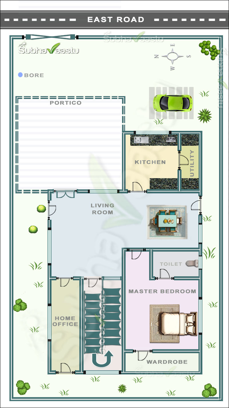 Two bedrooms East facing house floor plan