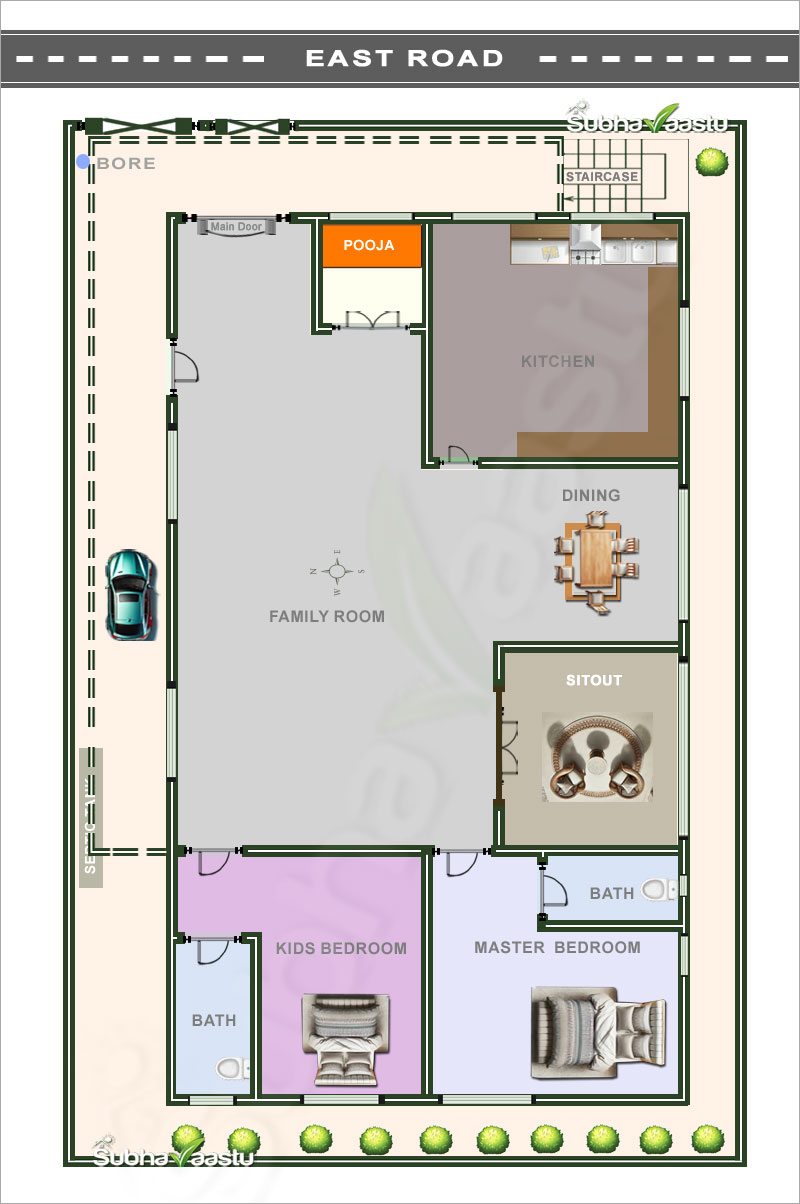 2 BHK East-facing house plan with a sitout, spacious family room, and Vastu recommendations