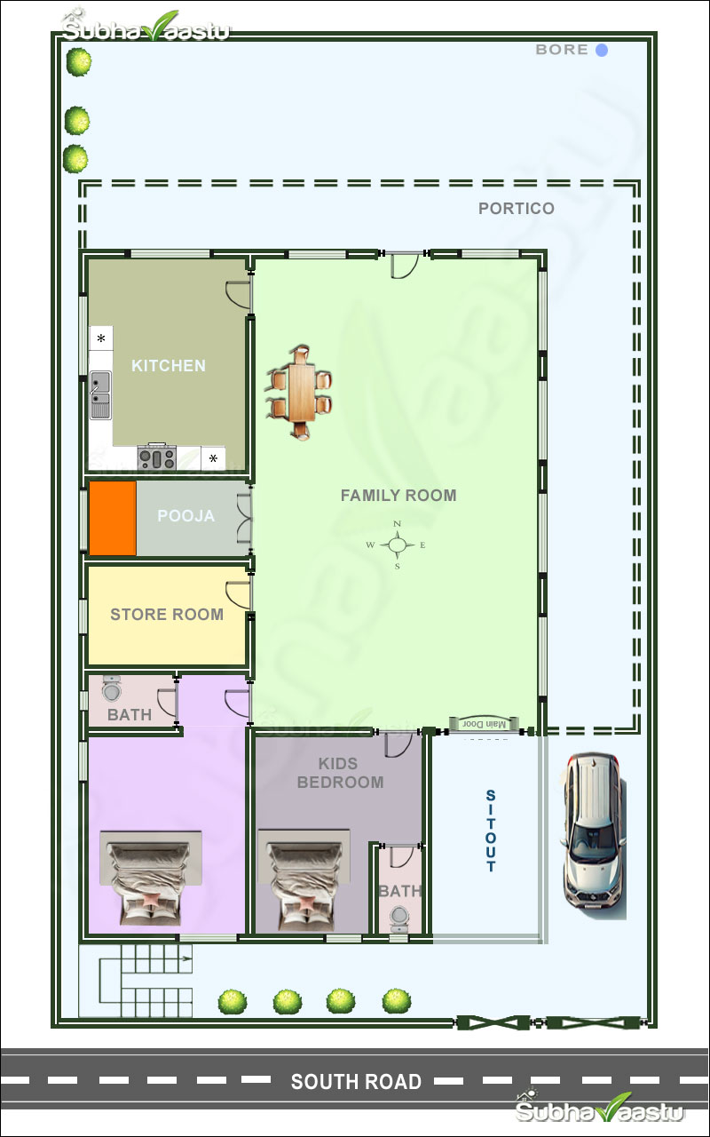 South-facing 2BHK house with a pleasant front sit-out, master bedroom in Southwest, kids' bedroom, and functional layout