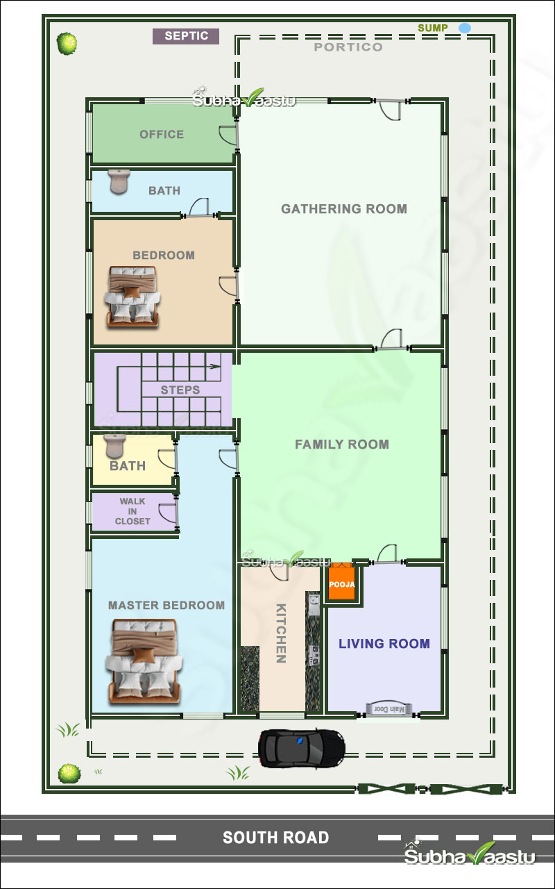 South facing 2BHK Vastu house plan with designated rooms for office, Pooja, and family living areas