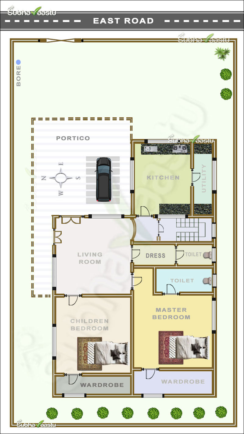 Compact East-facing home design with two bedrooms, kitchen, utility area, and portico, ideal for small families or retired couples