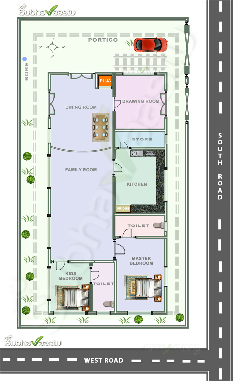 Two bedroom Southwest corner vastu house plan