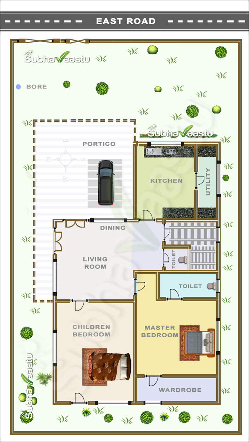 Two bedrooms East facing house floor plan