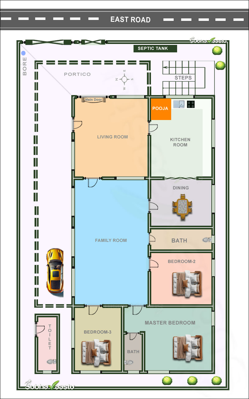 East-facing three-bedroom home layout with Vastu enhancements, external toilet, and spacious family areas