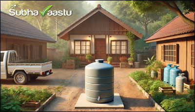 Elevated water storage tank in front of main entrance door