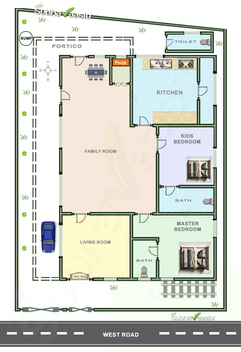 Download free detailed Vastu floor plan for a 2 bedroom west-facing house