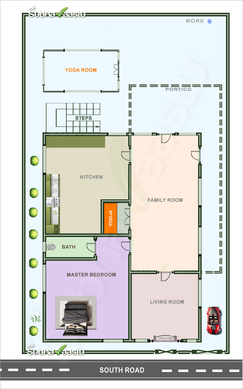 South-facing home with a strategic Northwest yoga room, Northeast extension, spacious family areas, and a serene layout for retirees